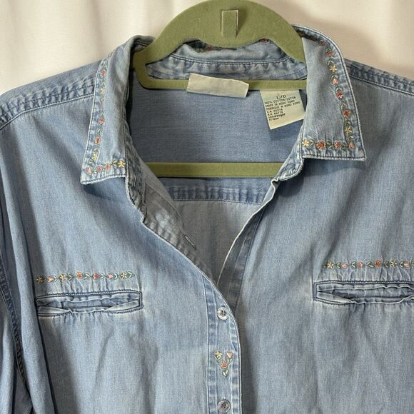 Vtg 90s Northern Reflection Women L Denim Shirt Embroidery Dainty Floral Cottage - Picture 2 of 6